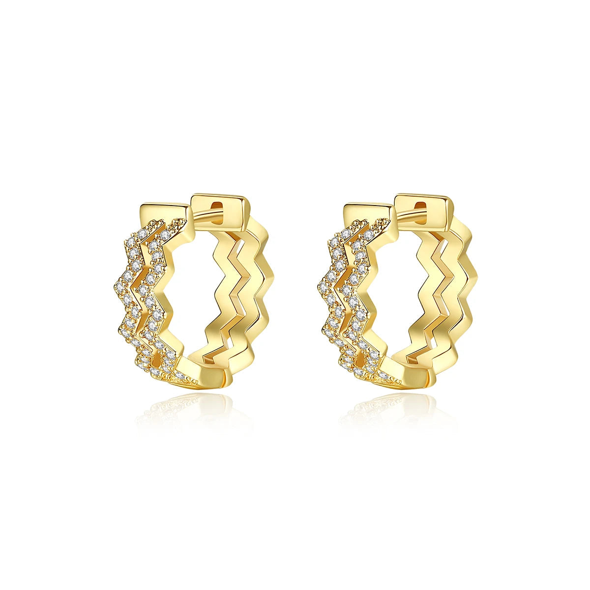 Gold hoop earrings with zigzag design on a white background, branded 'luoteemi'.