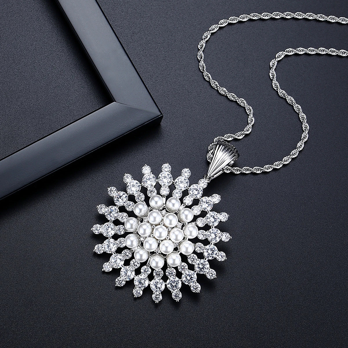 LUOTEEMI Luxury Cubic Zirconia with Imitation Pearl Sun Flower Elegant Women Long Chain Necklaces Fashion Jewelry