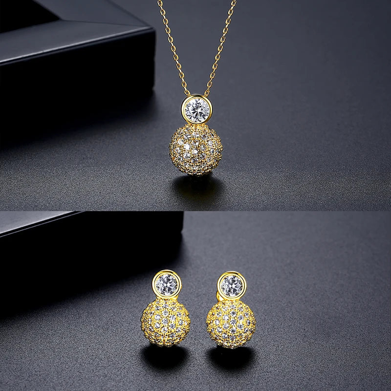 LUOTEEMI Tiny Cubic Zirconia Round Ball Classic Design Earrings and Necklace Jewelry Sets for Women High Quality Jewellery Gifts