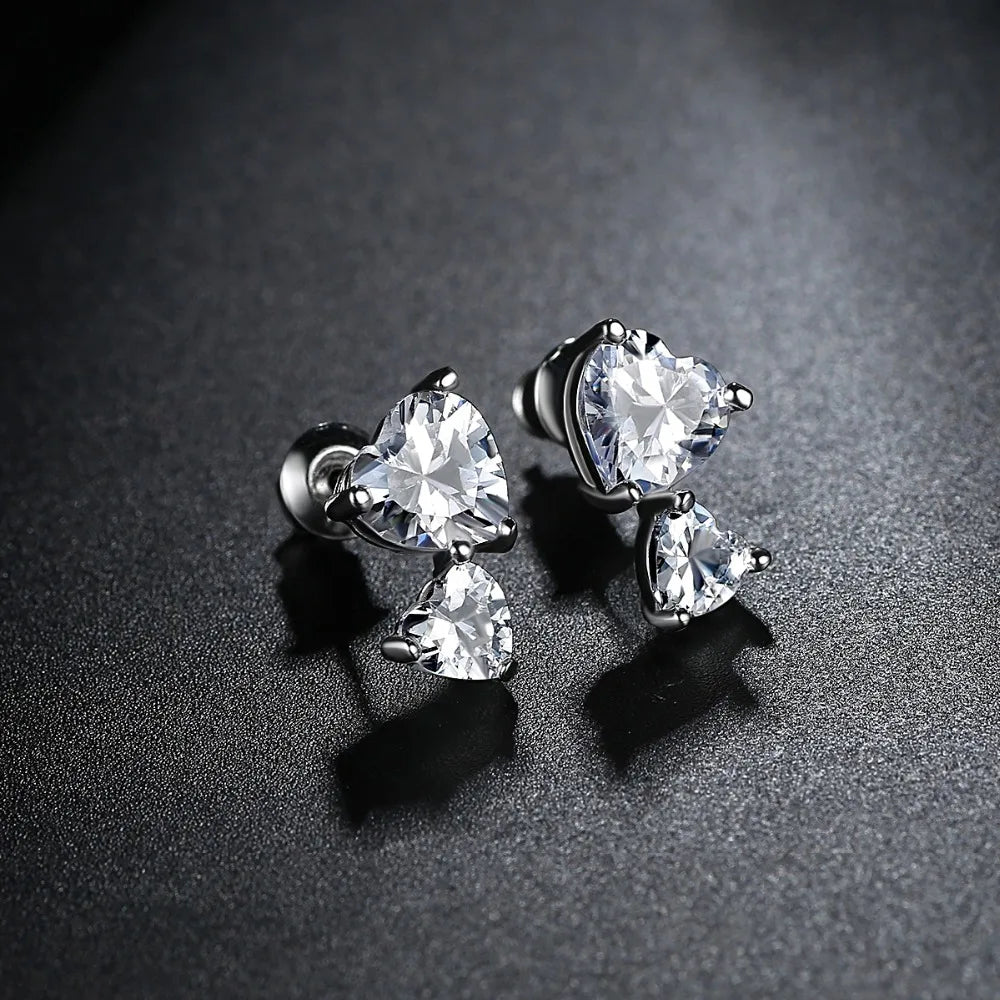 CZCITY White Gold Color Fashion 1 Pair Double Heart-shaped White Cubic Zirconia Stud Earrings for Womens Girls Love Gift