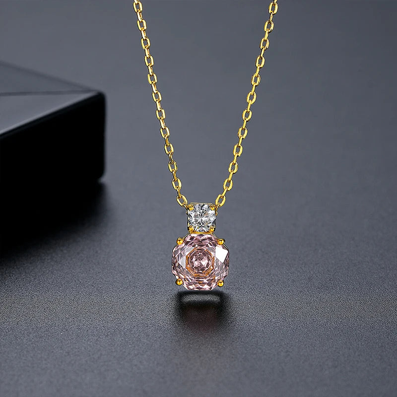 CZCITY Korean Design Millennium Rose Cut Octagonal Zircon Clear and Pink Classic Girls Trendy Link Chain Pendants Necklaces