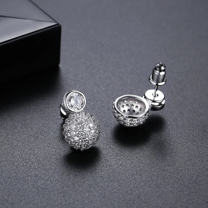 LUOTEEMI Tiny CZ Paved Clear Zircon Beaded Elegant Earrings Stud for Girls Classic Design Women Ball Korean Trendy Stud Earings