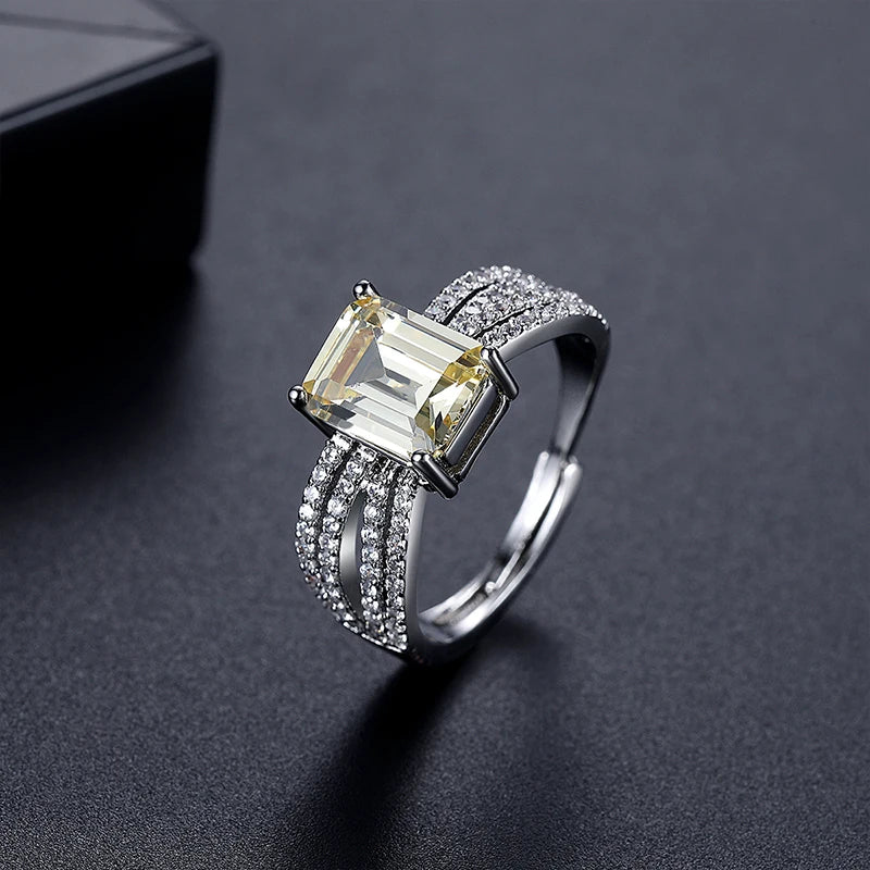CZCITY Rectangle Big Zircon Stone Women Big Resizable Hand Jewelry Ring Rhodium Plated Brass Romantic Finger Rings