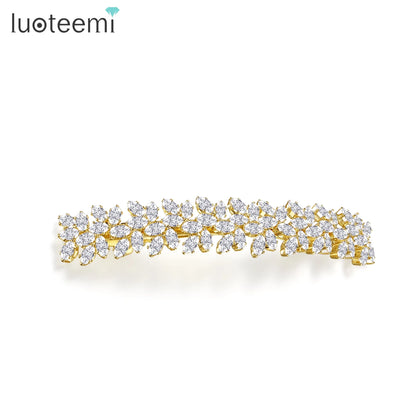 LUOTEEMI Geometric Rectangle Clear Zircon Flower Shape French Pin Jewellery Hair Women Luxury Hair Clip Pin Bridal Wedding