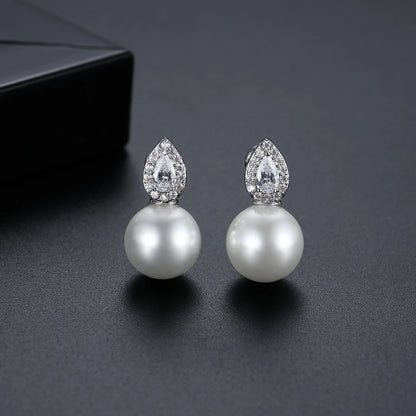 LUOTEEMI Cute Fashion Korean Tear Drop Zircon Stone Round Trendy Imitation Pearl Small Office Lady Jewelry Stud Earrings Trendy