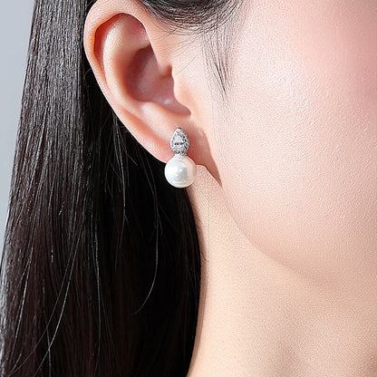 LUOTEEMI Cute Fashion Korean Tear Drop Zircon Stone Round Trendy Imitation Pearl Small Office Lady Jewelry Stud Earrings Trendy