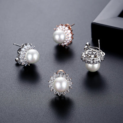 LUOTEEMI Wholesale Fashion Jewelry Wedding Rhodium Gold Plated Flower Shape Synthetic Pearl Women French Clip Stud Earrings