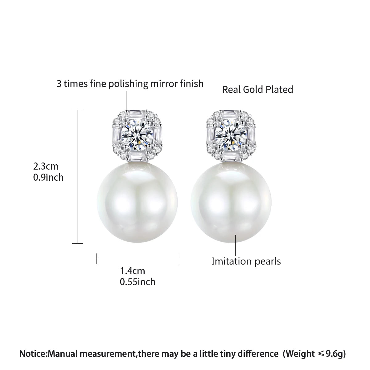 LUOTEEMI Luxury Cubic Zirconia Sugar Girl Lovely Big White Imitation Round Pearl Stud Earrings Rhodium Plated Jewelry