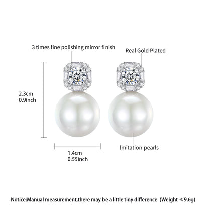 LUOTEEMI Luxury Cubic Zirconia Sugar Girl Lovely Big White Imitation Round Pearl Stud Earrings Rhodium Plated Jewelry