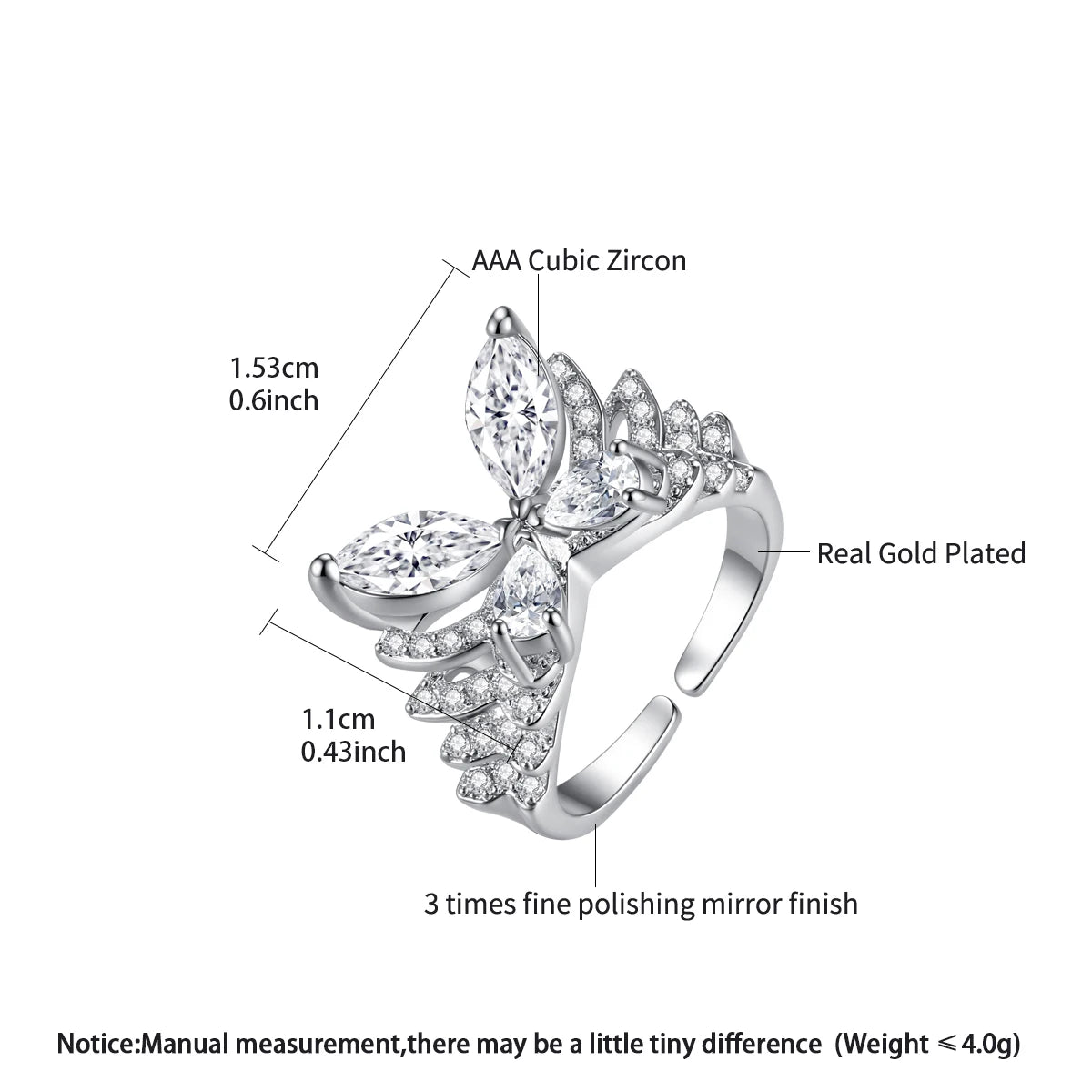 LUOTEEMI Layered Big Fashion Cubic Zirconia Butterfly Adjustable Party Elegant Finger Rings for Girls Luxury Hand Jewellery