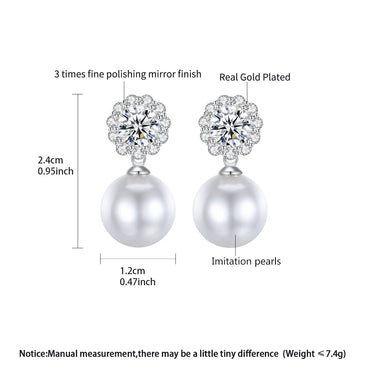 LUOTEEMI Luxury Cubic Zirconia Flower Big White Pearl Bridal Annivery Wedding Drop Earrings for Lady Rhodium Plated CZ Earrings