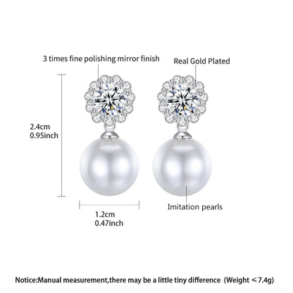 LUOTEEMI Luxury Cubic Zirconia Flower Big White Pearl Bridal Annivery Wedding Drop Earrings for Lady Rhodium Plated CZ Earrings