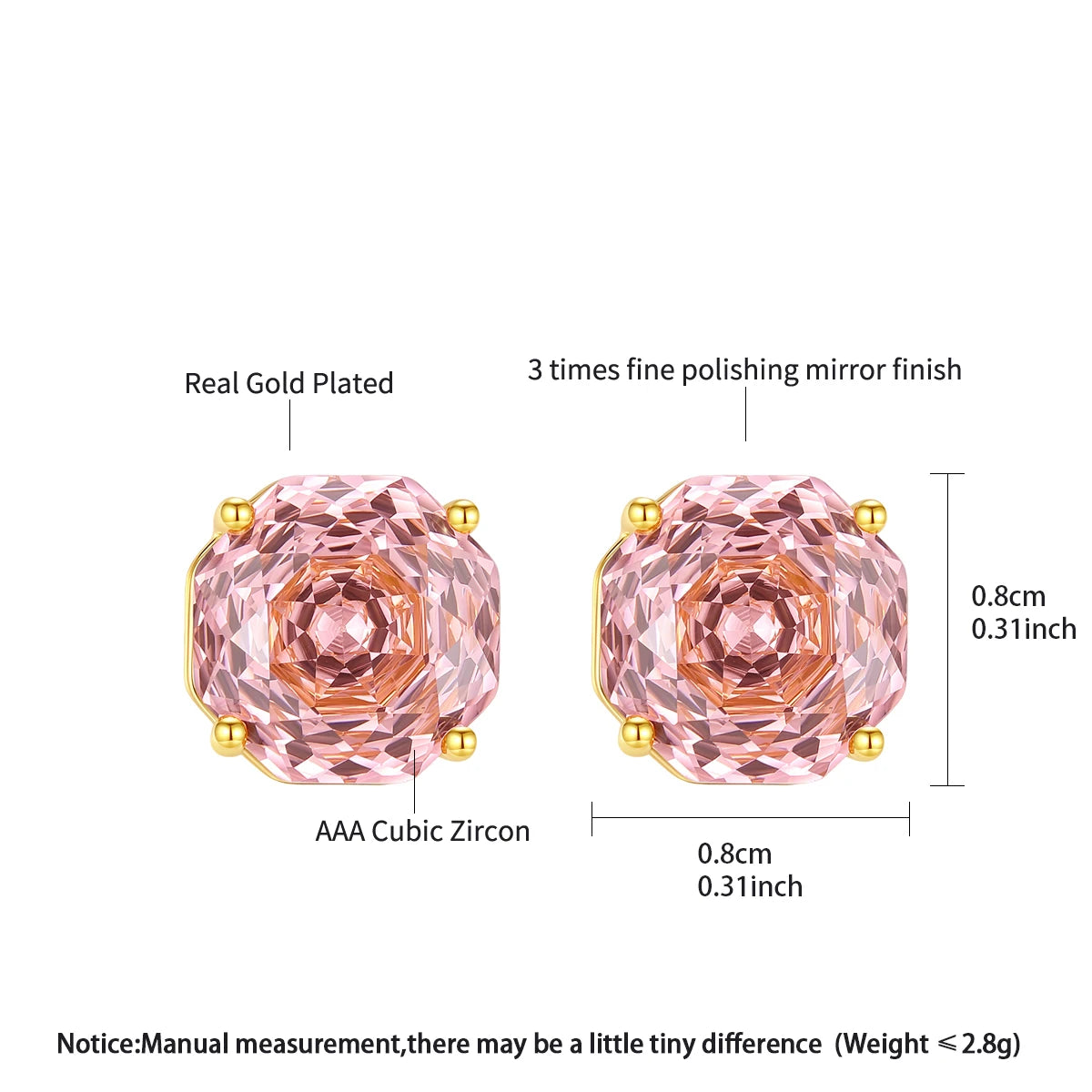 CZCITY Millennium Rose Cut Octagonal Zircon Clear and Pink Classic Style Small Stud Earrings for Women New Fashion