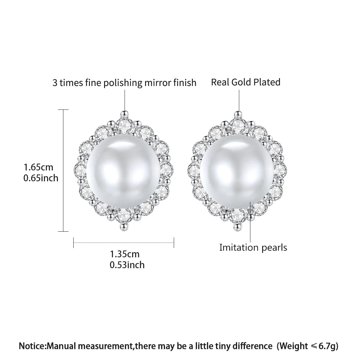 LUOTEEMI Delicate Japanese Women Trendy Big White Pearl Clear CZ Party Gifts Stud Earrings Vintage Style Ear Studs for Lady