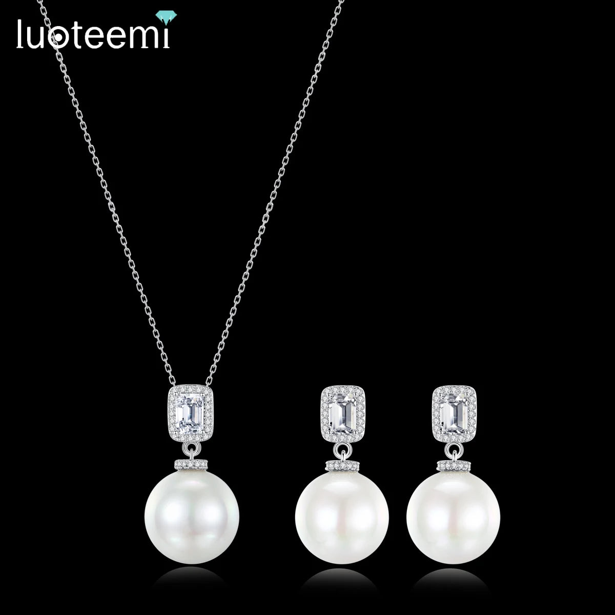 LUOTEEMI Luxury Cubic Zirconia Imittaion Pearl Drop Earrings and Necklace Pendant Chain Necklaces Sets for Women Ready to Ship