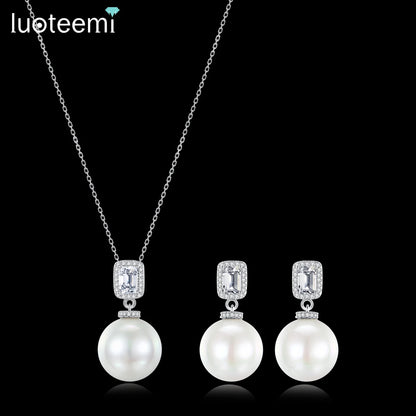 LUOTEEMI Luxury Cubic Zirconia Imittaion Pearl Drop Earrings and Necklace Pendant Chain Necklaces Sets for Women Ready to Ship