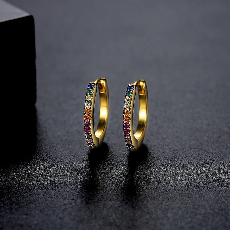 CZCITY Rainbow CZ Paved Woman Diamond Jewelry 14K Gold Zircon Plated Huggie Hoop Earring