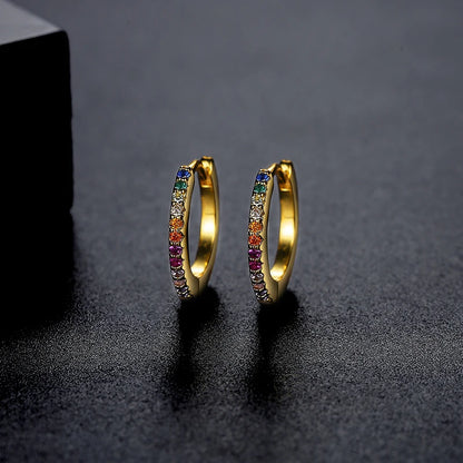 CZCITY Rainbow CZ Paved Woman Diamond Jewelry 14K Gold Zircon Plated Huggie Hoop Earring