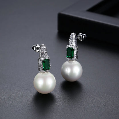 LUOTEEMI Luxury Statement Women Cubic Zirconia Big Glass Imitation Pearl Korean Fashion Zircon Stud Earrings for Party Gifts