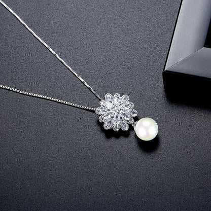 LUOTEEMI Stock Wholesale Fashion a AA Zircon Flower With Pearl Drop Pendant White Gold Chain Necklace for Women