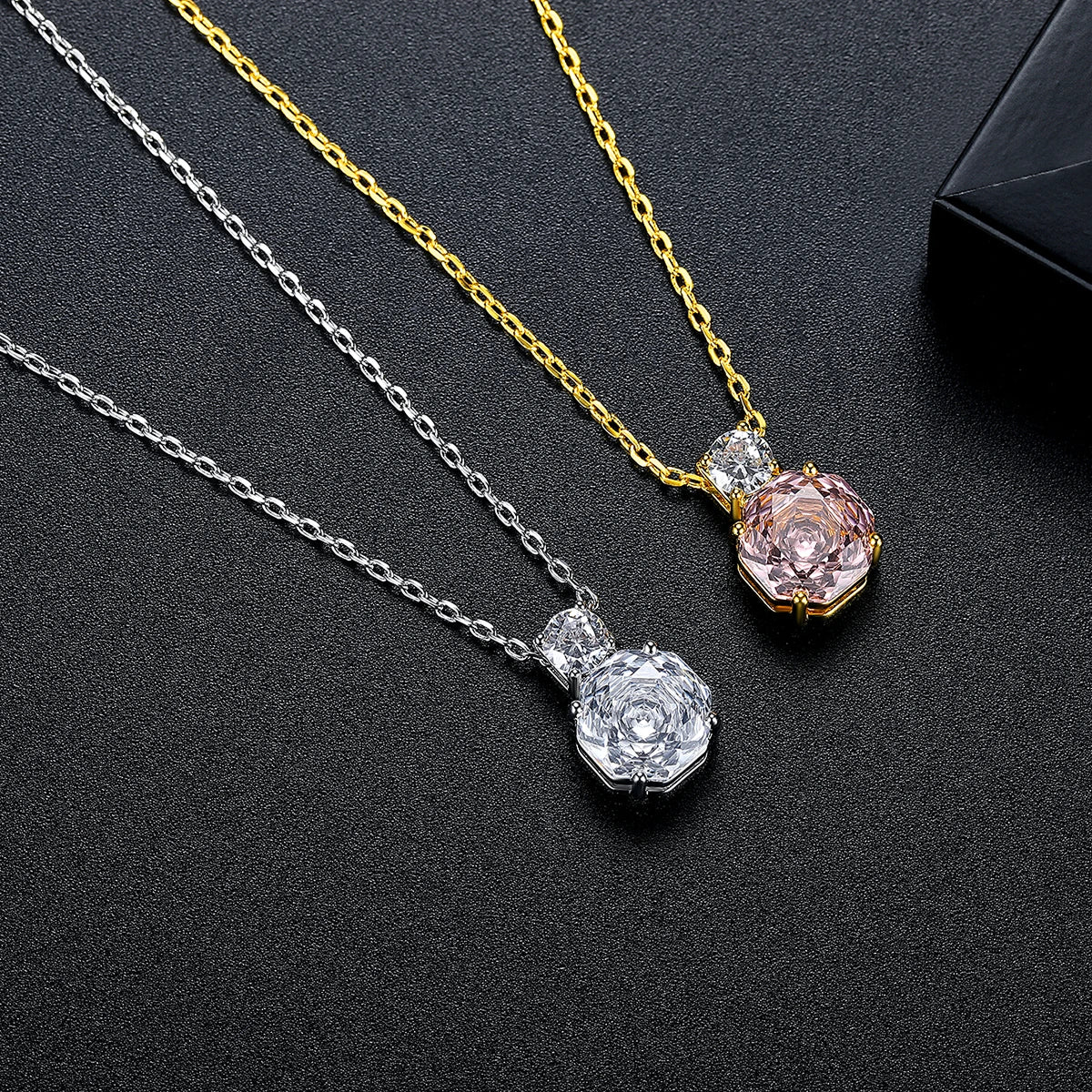 CZCITY Korean Design Millennium Rose Cut Octagonal Zircon Clear and Pink Classic Girls Trendy Link Chain Pendants Necklaces