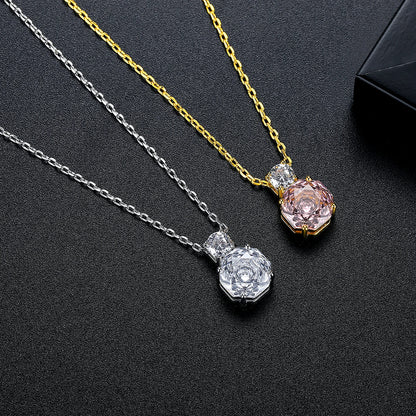 CZCITY Korean Design Millennium Rose Cut Octagonal Zircon Clear and Pink Classic Girls Trendy Link Chain Pendants Necklaces