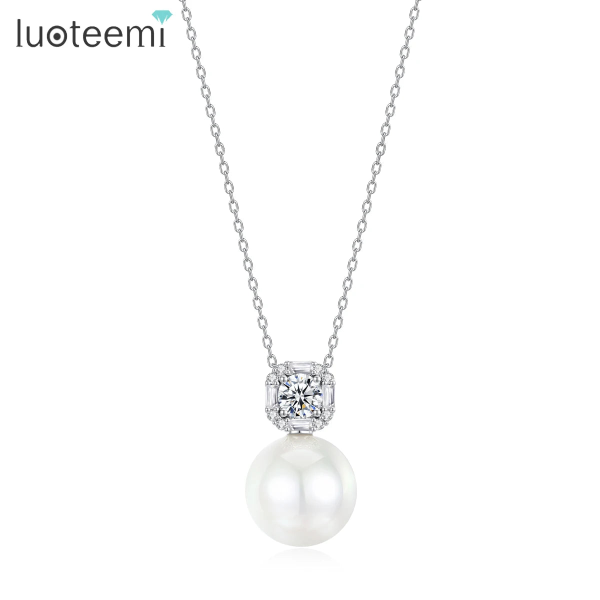 LUOTEEMI Luxury Anniversary Jewelry Cubic Zirconia Big White Imitation Pearl Pendants Ladies Pendant Link Chain Necklace