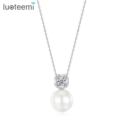 LUOTEEMI Luxury Anniversary Jewelry Cubic Zirconia Big White Imitation Pearl Pendants Ladies Pendant Link Chain Necklace