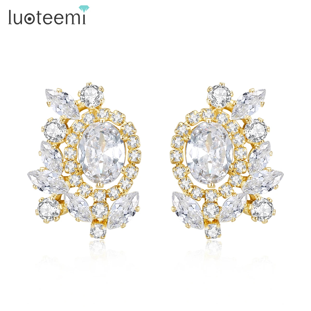 LUOTEEMI New Design Women Cubic Zirconia Vintage Flower Shape Stud Earrings Clear Zircon Ear Studs for Girls Party Gifts