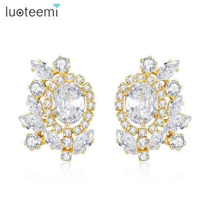 LUOTEEMI New Design Women Cubic Zirconia Vintage Flower Shape Stud Earrings Clear Zircon Ear Studs for Girls Party Gifts