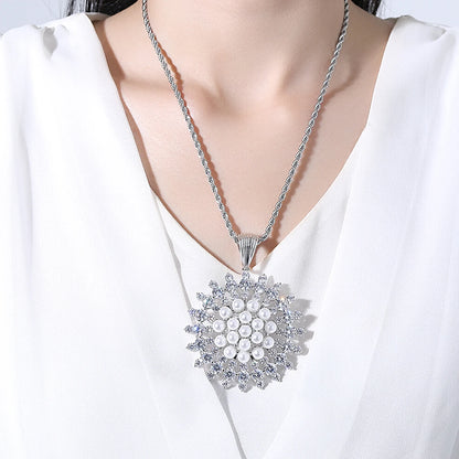 LUOTEEMI Luxury Cubic Zirconia with Imitation Pearl Sun Flower Elegant Women Long Chain Necklaces Fashion Jewelry