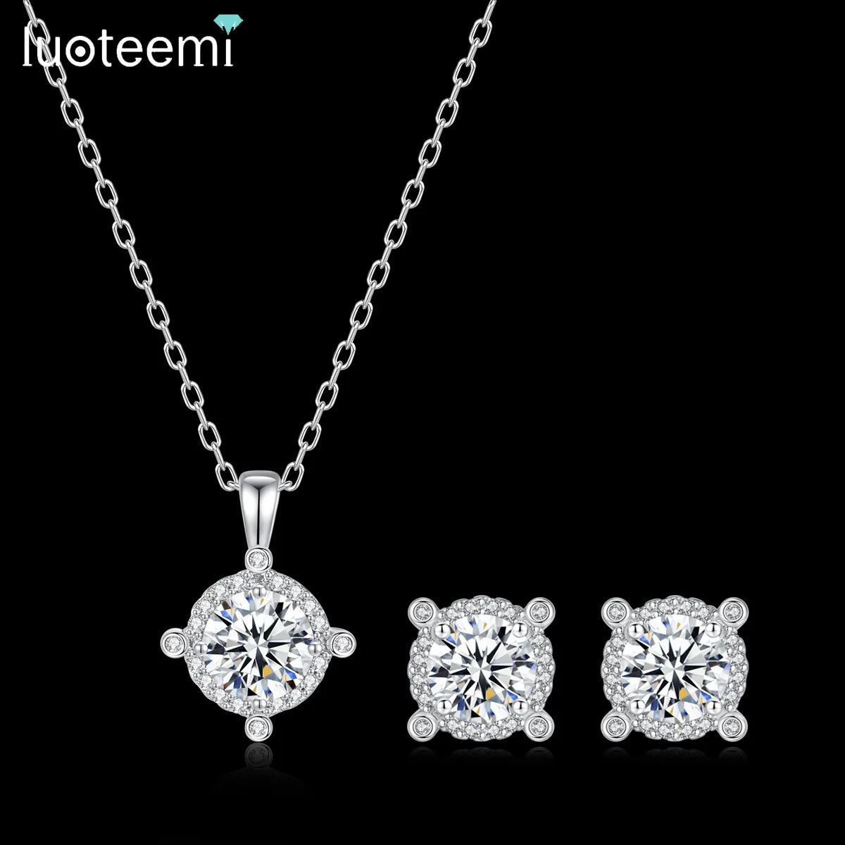 LUOTEEMI Delicate Women Small Round Shape Brass Rhodium Plated Zircon Stone Stud Earrings Pendant Chain Necklace Jewelry Sets