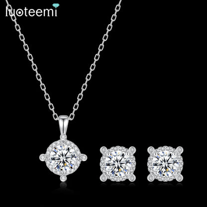 LUOTEEMI Delicate Women Small Round Shape Brass Rhodium Plated Zircon Stone Stud Earrings Pendant Chain Necklace Jewelry Sets