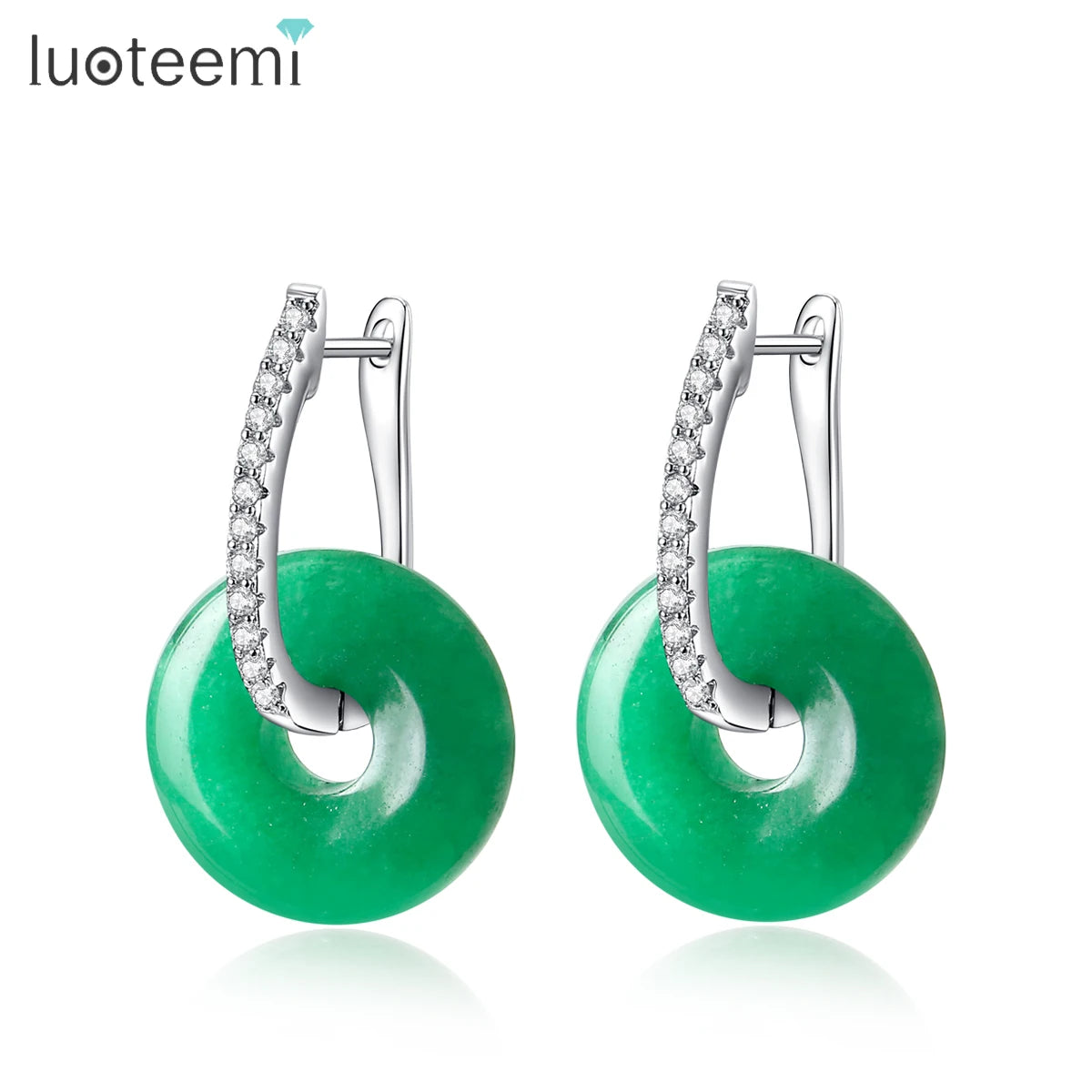 LUOTEEMI New Come Tiny CZ Zirconia Paved Huggie Clip on Earrings with Green Circle Round Jade Fashion Jewellery Women Earrings