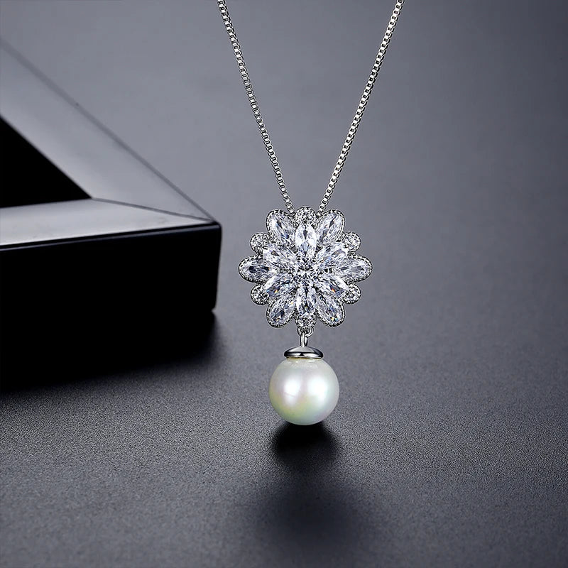 LUOTEEMI Stock Wholesale Fashion a AA Zircon Flower With Pearl Drop Pendant White Gold Chain Necklace for Women