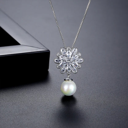 LUOTEEMI Stock Wholesale Fashion a AA Zircon Flower With Pearl Drop Pendant White Gold Chain Necklace for Women