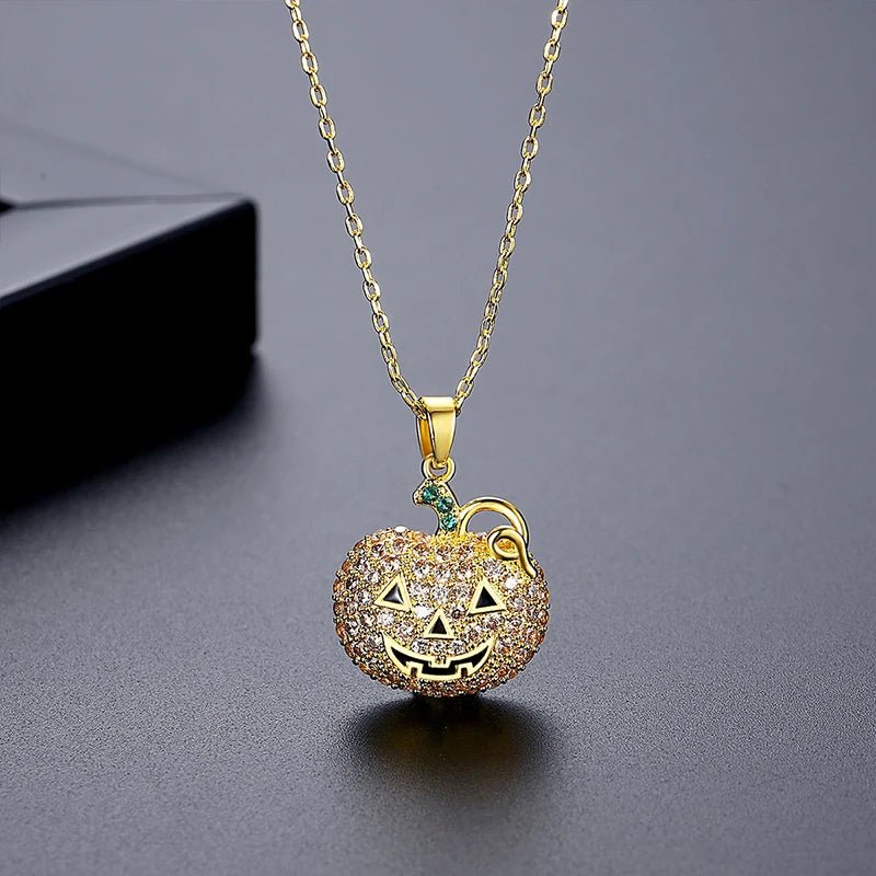 LUOTEEMI 2026 New Halloween Pumpkin Cartoon Fashion Cubic Zirconia Gold Color Link Chain Pendant Necklace Girls Hot Sale Jewelry