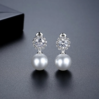 LUOTEEMI Luxury Cubic Zirconia Flower Big White Pearl Bridal Annivery Wedding Drop Earrings for Lady Rhodium Plated CZ Earrings