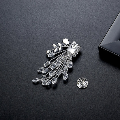 LUOTEEMI New Fashion Elegant Women Fireworks Flower Clear Zircon and Crystal Beads White Gold Rhodium Plated Brooch for Women