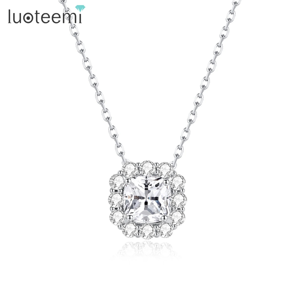 CZCITY New Brass Jewelry Wholesale Elegant Fashion Trendy Vintage Square Pendant Rhodium Cubic Zirconia Necklaces