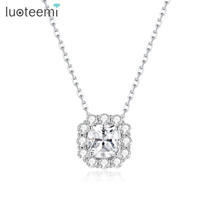 CZCITY New Brass Jewelry Wholesale Elegant Fashion Trendy Vintage Square Pendant Rhodium Cubic Zirconia Necklaces