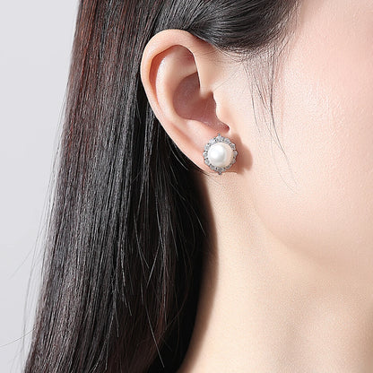LUOTEEMI Delicate Japanese Women Trendy Big White Pearl Clear CZ Party Gifts Stud Earrings Vintage Style Ear Studs for Lady