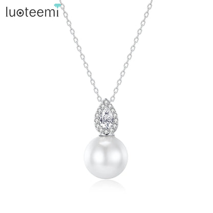 LUOTEEMI Japanese Trendy Tear Drop Imitation White Pearl Zircon Pendant Chain Necklace for Women Daily Wear Fashion Jewellery
