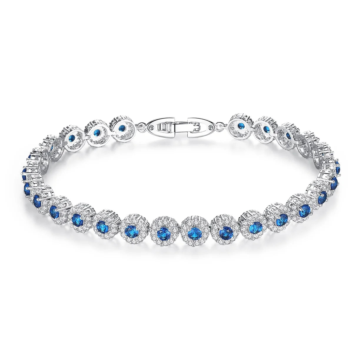 CZCITY New White Gold Color Women Jewelry Gift Bridal Wedding Fashion Blue Cubic Zirconia Round Tennis Bracelets