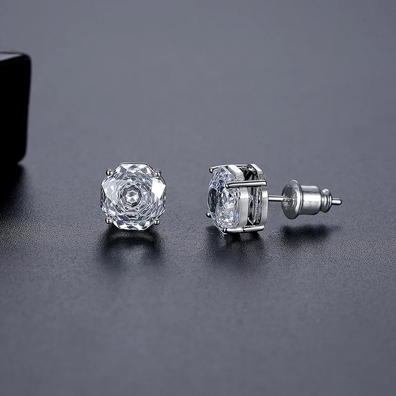 CZCITY Millennium Rose Cut Octagonal Zircon Clear and Pink Classic Style Small Stud Earrings for Women New Fashion