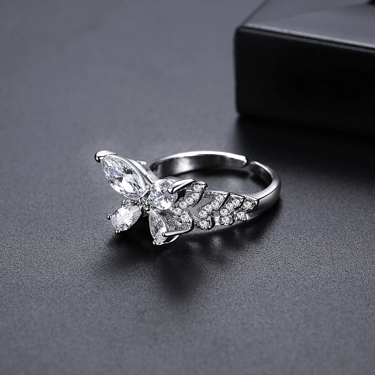 LUOTEEMI Layered Big Fashion Cubic Zirconia Butterfly Adjustable Party Elegant Finger Rings for Girls Luxury Hand Jewellery