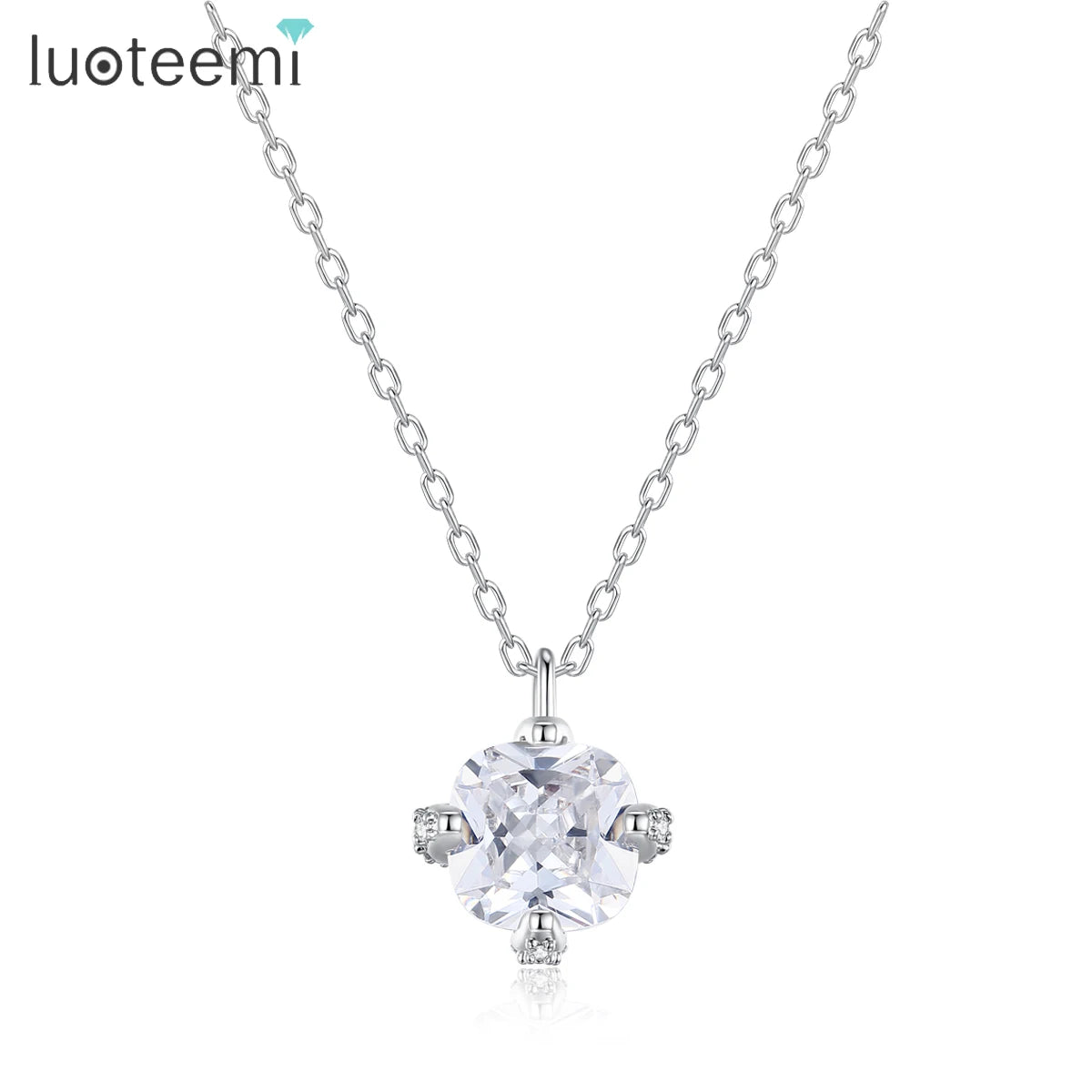 LUOTEEMI Geometric Women Cute Trendy Zircon Stone Link Chain Pendant Necklace Rhodium Plated Women Gift
