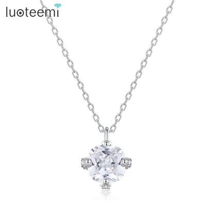 LUOTEEMI Geometric Women Cute Trendy Zircon Stone Link Chain Pendant Necklace Rhodium Plated Women Gift