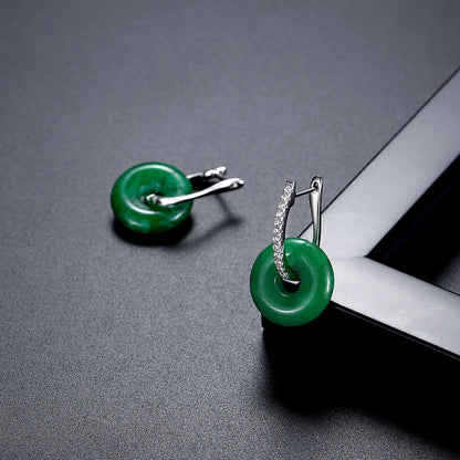 LUOTEEMI New Come Tiny CZ Zirconia Paved Huggie Clip on Earrings with Green Circle Round Jade Fashion Jewellery Women Earrings