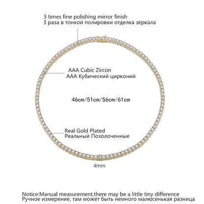 4mm Hiphop Jewelry Men Chain Tennis Chain Diamond Necklace Iced Out CZ Cubic Zirconia Tennis Necklace